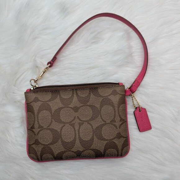 COACH Corner Zip Wristlet In Signature Canvas Khaki / Dahlia - Picture 3 of 10